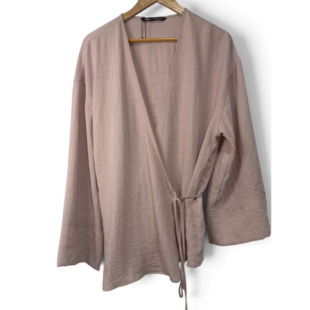 Zara Women Blush Pink Linen Blend Wrap Top Long Sleeve Kimono Style NWOT Medium - Picture 2 of 14